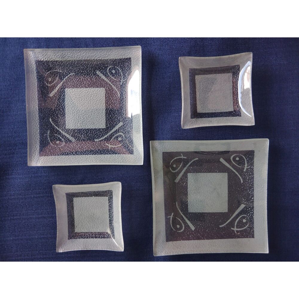 Set of 4 Japanese Frosted 3/5" Square Serving Plates Sushi Dishes  Clear Glass